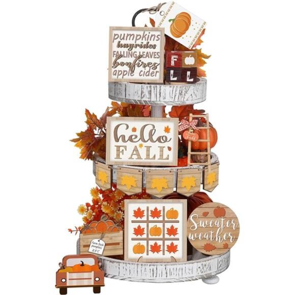 New 14 Pcs Fall‎ Tiered Tray Decor Set - Rustic Farmhouse Pumpkin & Spice Blocks - Picture 1 of 7